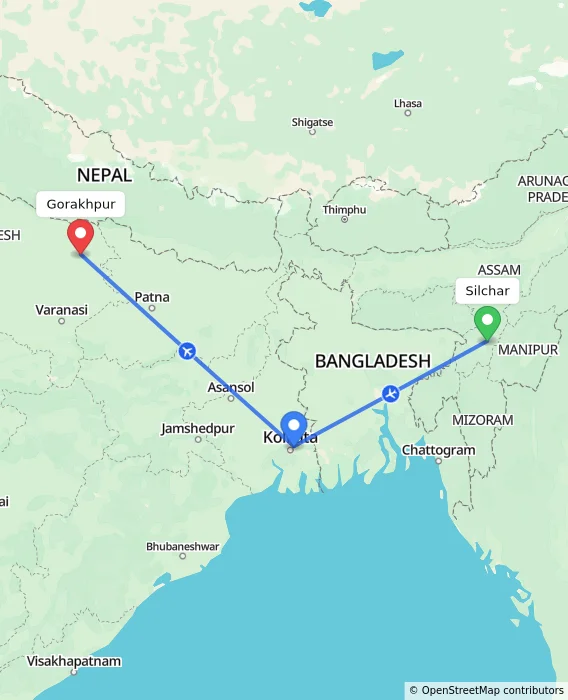 Route map showing distance and travel time from Silchar, India to Gorakhpur, India
