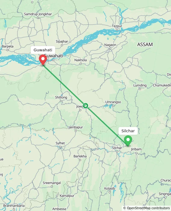 Route map showing distance and travel time from Silchar, India to Guwahati, India