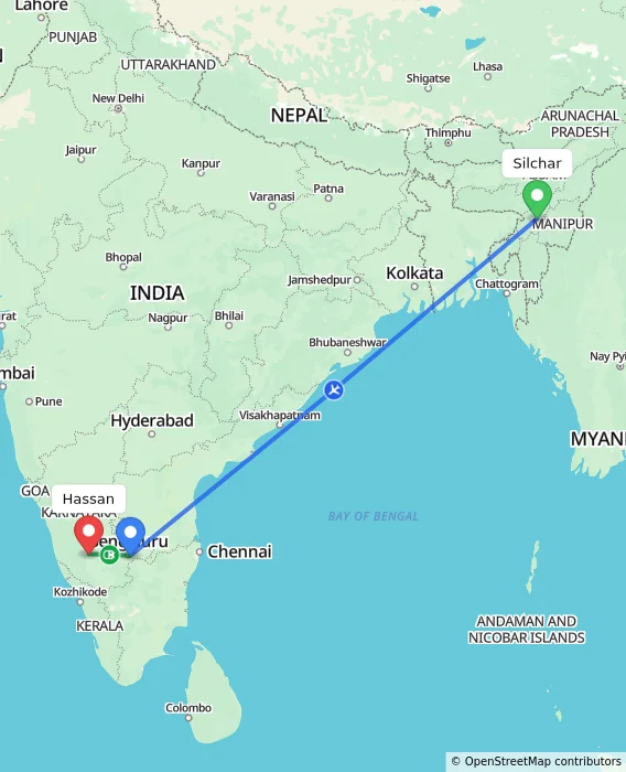 Route map showing distance and travel time from Silchar, India to Hassan, India