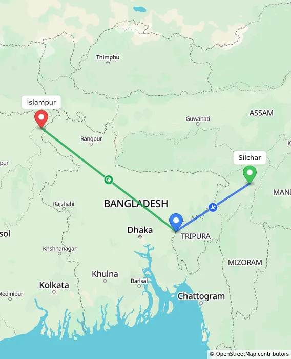 Route map showing distance and travel time from Silchar, India to Islampur, India