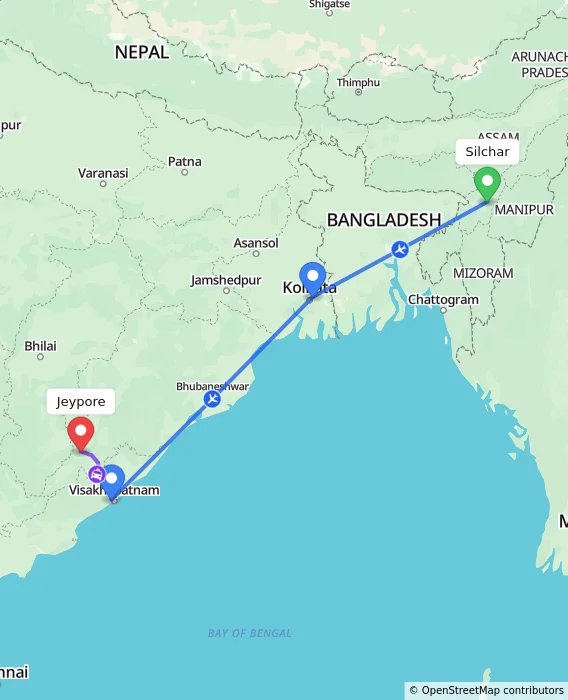 Route map showing distance and travel time from Silchar, India to Jeypore, India