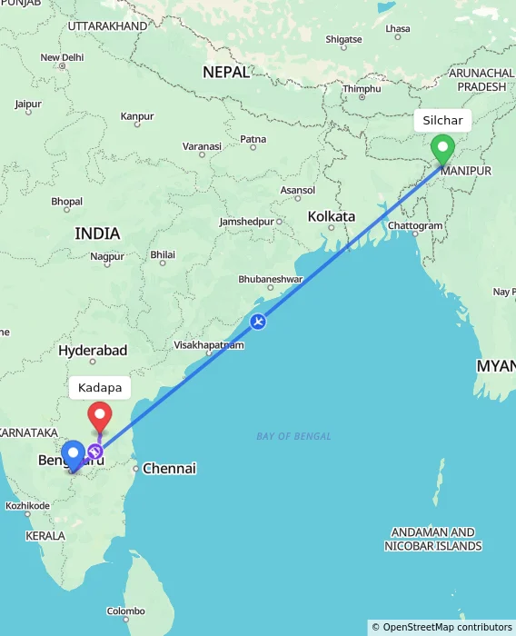 Route map showing distance and travel time from Silchar, India to Kadapa, India