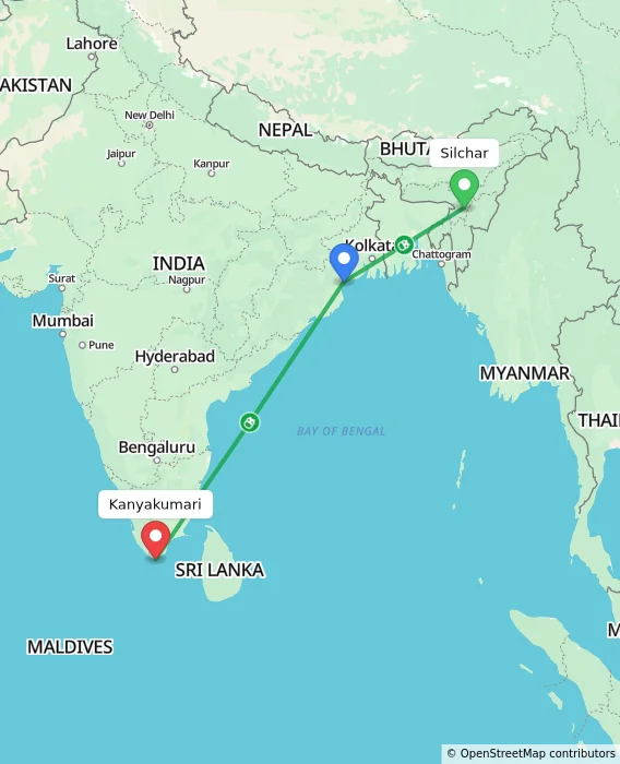 Route map showing distance and travel time from Silchar, India to Kanyakumari, India