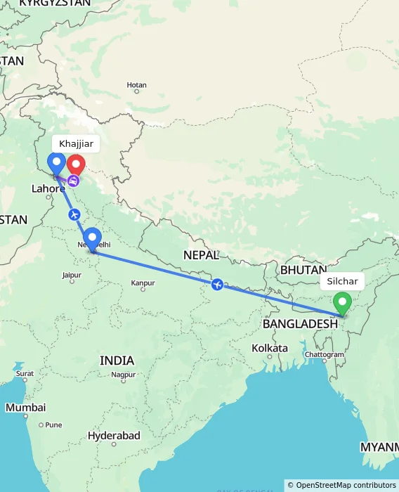 Route map showing distance and travel time from Silchar, India to Khajjiar, India