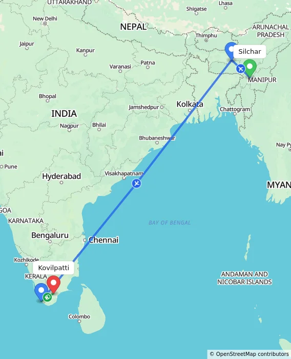 Route map showing distance and travel time from Silchar, India to Kovilpatti, India