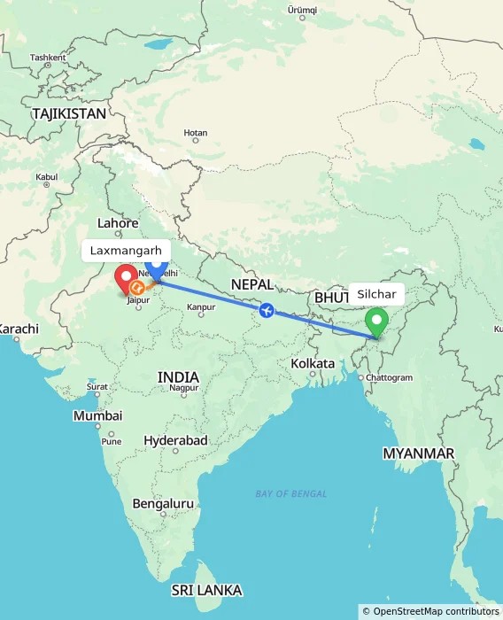 Route map showing distance and travel time from Silchar, India to Laxmangarh, India