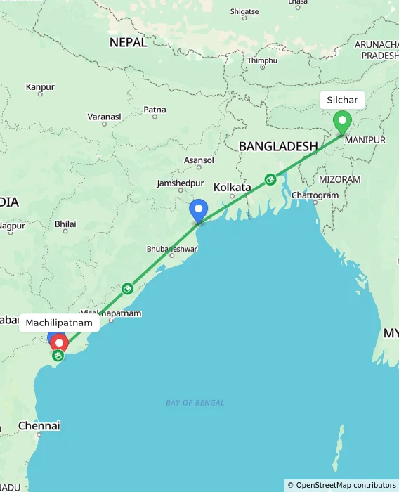Route map showing distance and travel time from Silchar, India to Machilipatnam, India