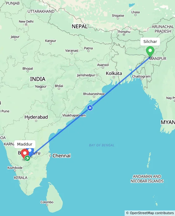 Route map showing distance and travel time from Silchar, India to Maddur, India