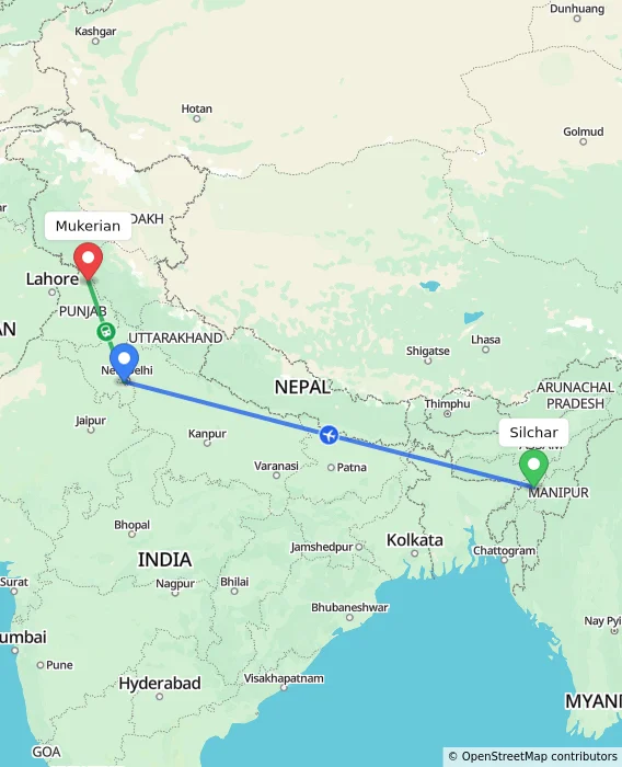 Route map showing distance and travel time from Silchar, India to Mukerian, India