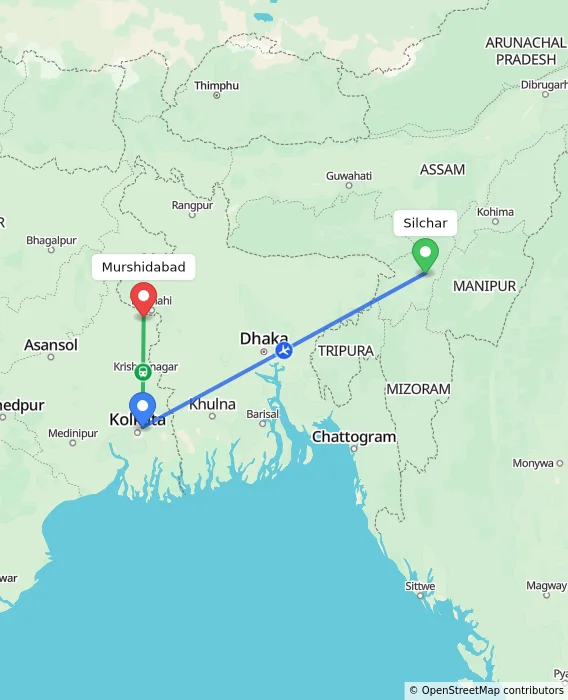 Route map showing distance and travel time from Silchar, India to Murshidabad, India