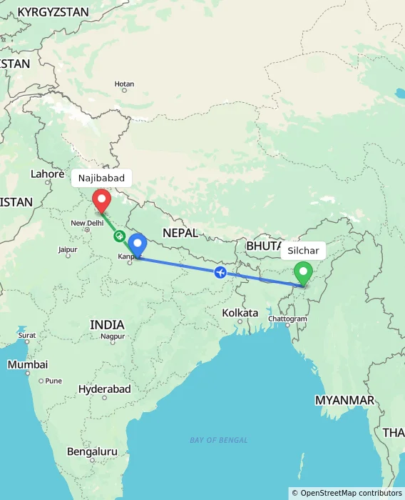 Route map showing distance and travel time from Silchar, India to Najibabad, India