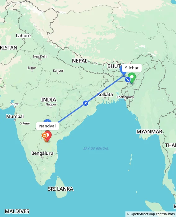 Route map showing distance and travel time from Silchar, India to Nandyal, India