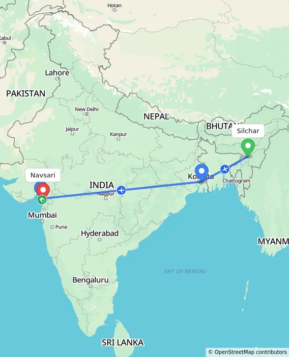 Route map showing distance and travel time from Silchar, India to Navsari, India