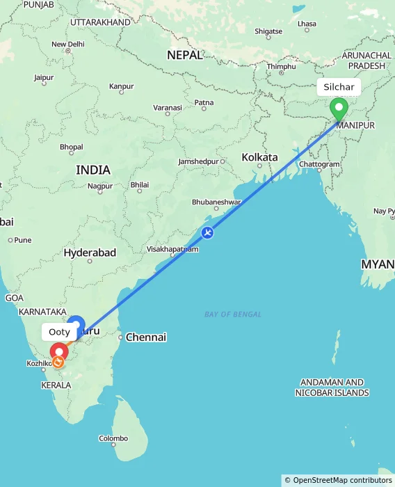 Route map showing distance and travel time from Silchar, India to Ooty, India
