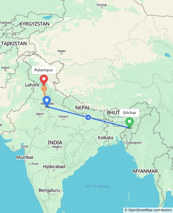 Route map showing distance and travel time from Silchar, India to Palampur, India
