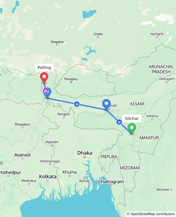 Route map showing distance and travel time from Silchar, India to Pelling, India