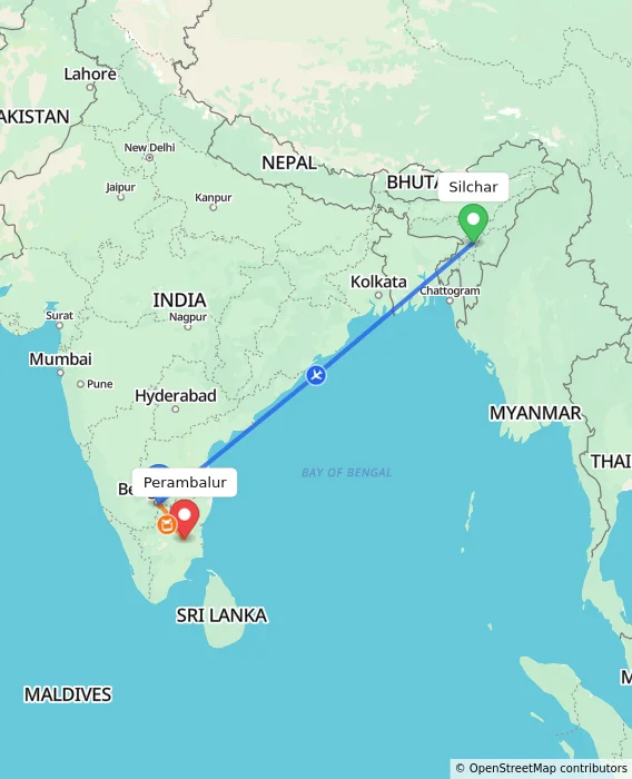 Route map showing distance and travel time from Silchar, India to Perambalur, India