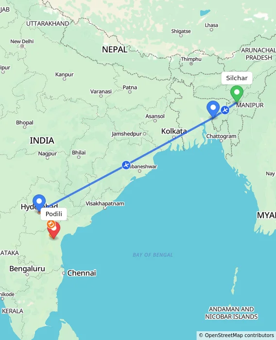 Route map showing distance and travel time from Silchar, India to Podili, India