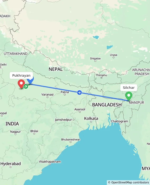 Route map showing distance and travel time from Silchar, India to Pukhrayan, India