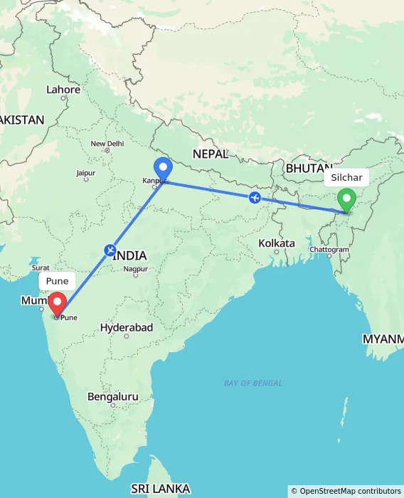 Route map showing distance and travel time from Silchar, India to Pune, India