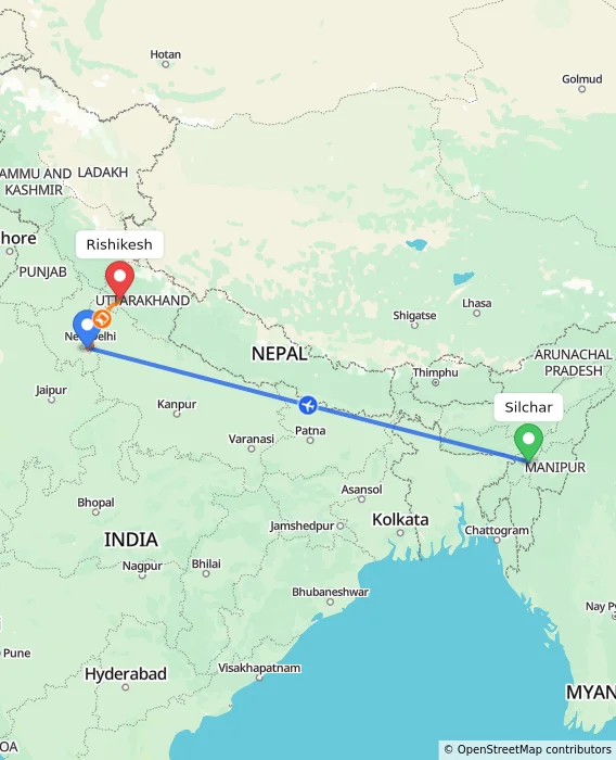 Route map showing distance and travel time from Silchar, India to Rishikesh, India