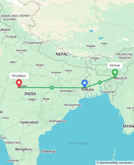 Route map showing distance and travel time from Silchar, India to Shujalpur, India