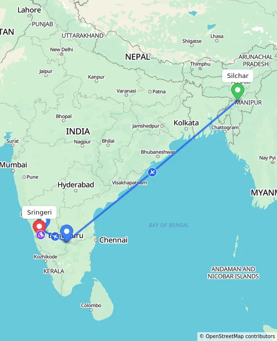 Route map showing distance and travel time from Silchar, India to Sringeri, India