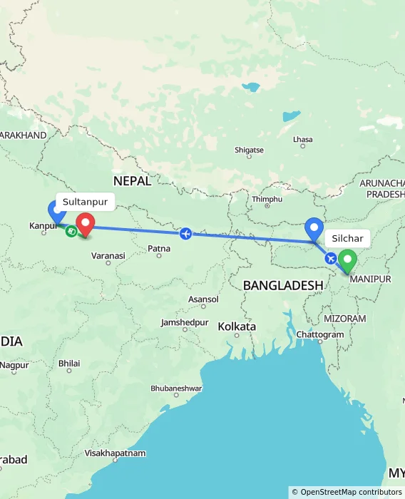 Route map showing distance and travel time from Silchar, India to Sultanpur, India