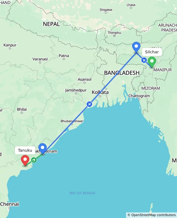 Route map showing distance and travel time from Silchar, India to Tanuku, India