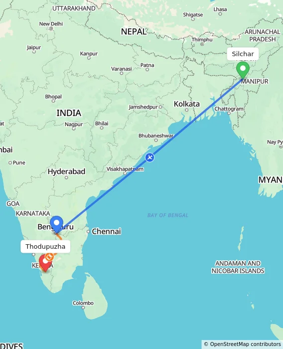 Route map showing distance and travel time from Silchar, India to Thodupuzha, India