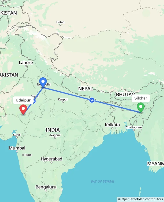 Route map showing distance and travel time from Silchar, India to Udaipur, India
