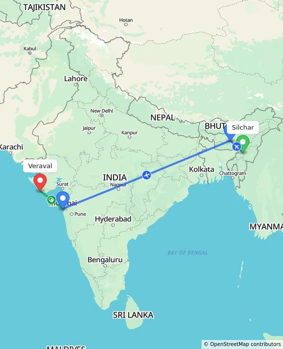Route map showing distance and travel time from Silchar, India to Veraval, India