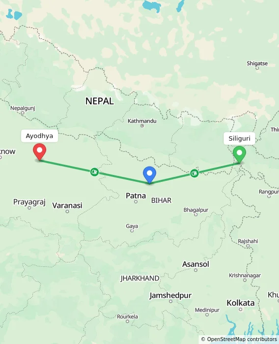 Route map showing distance and travel time from Siliguri, India to Ayodhya, India
