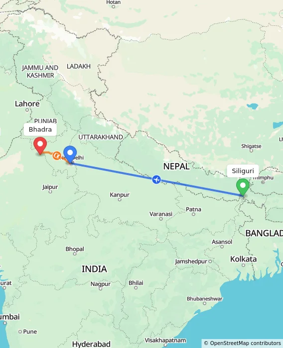 Route map showing distance and travel time from Siliguri, India to Bhadra, India