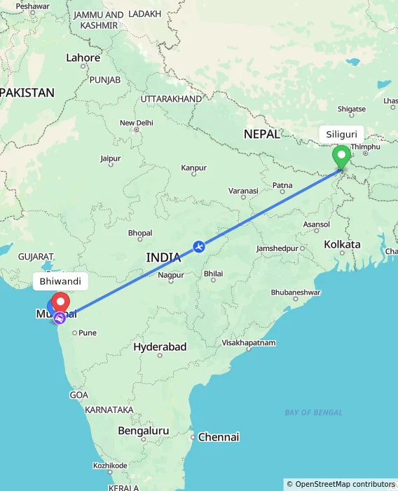 Route map showing distance and travel time from Siliguri, India to Bhiwandi, India