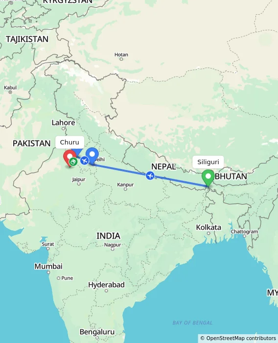 Route map showing distance and travel time from Siliguri, India to Churu, India