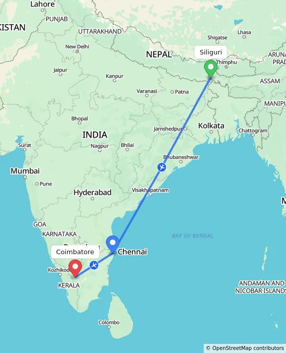 Route map showing distance and travel time from Siliguri, India to Coimbatore, India