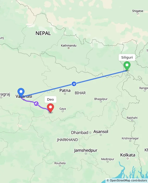 Route map showing distance and travel time from Siliguri, India to Deo, India