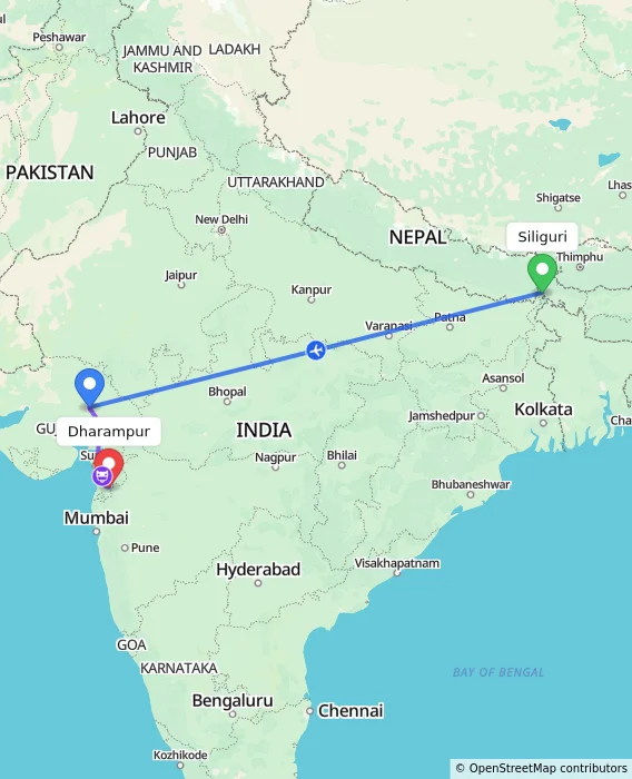 Route map showing distance and travel time from Siliguri, India to Dharampur, India