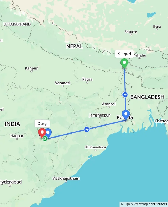 Route map showing distance and travel time from Siliguri, India to Durg, India