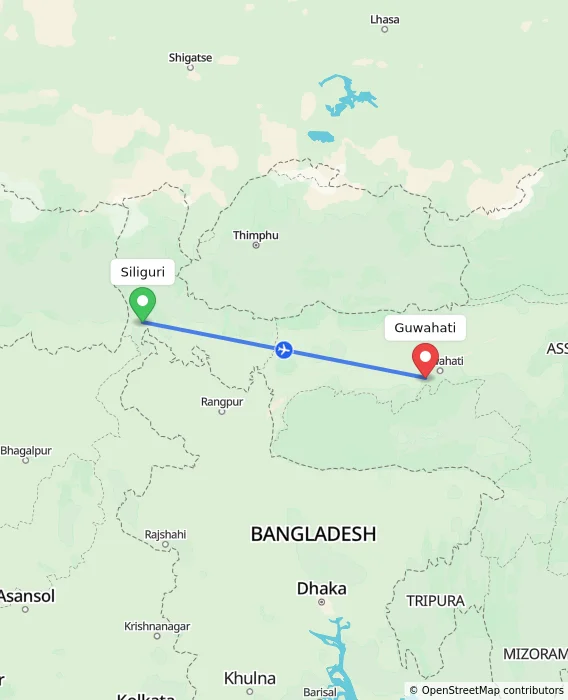 Route map showing distance and travel time from Siliguri, India to Guwahati, India