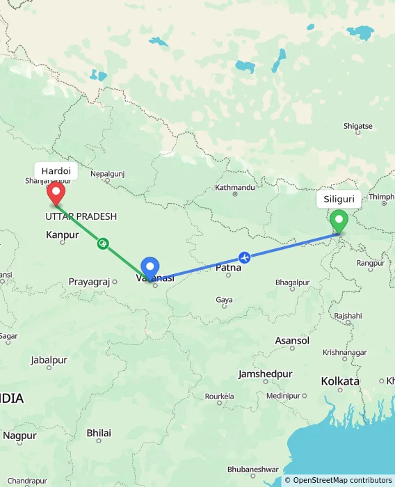 Route map showing distance and travel time from Siliguri, India to Hardoi, India