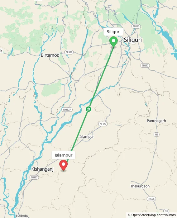 Route map showing distance and travel time from Siliguri, India to Islampur, India