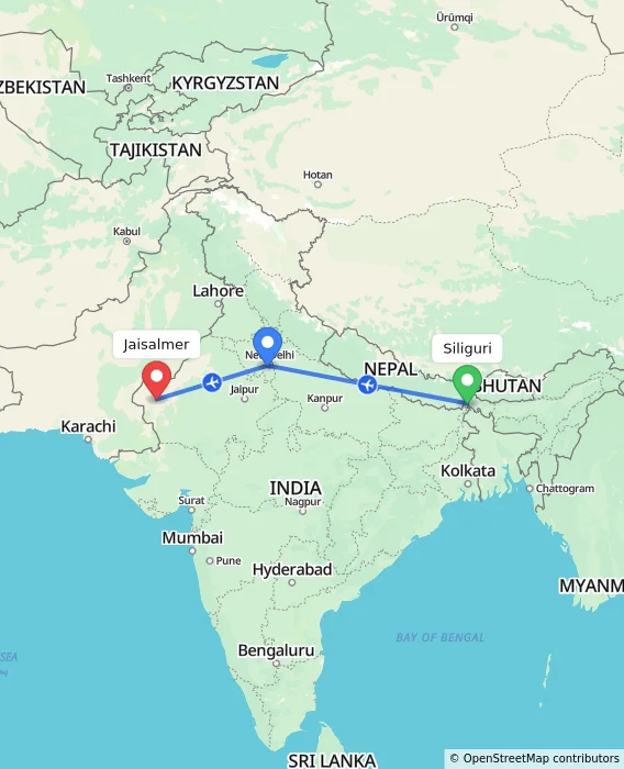 Route map showing distance and travel time from Siliguri, India to Jaisalmer, India