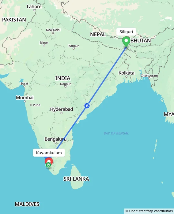 Route map showing distance and travel time from Siliguri, India to Kayamkulam, India