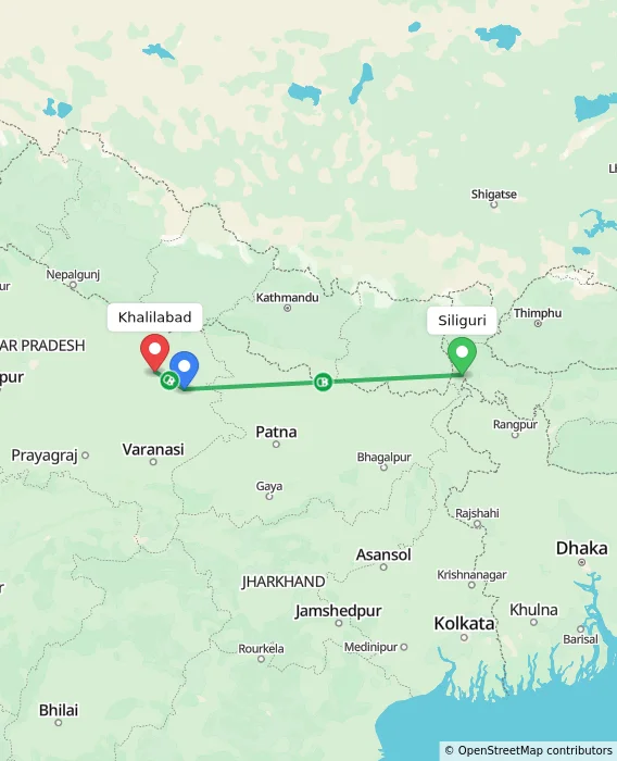 Route map showing distance and travel time from Siliguri, India to Khalilabad, India