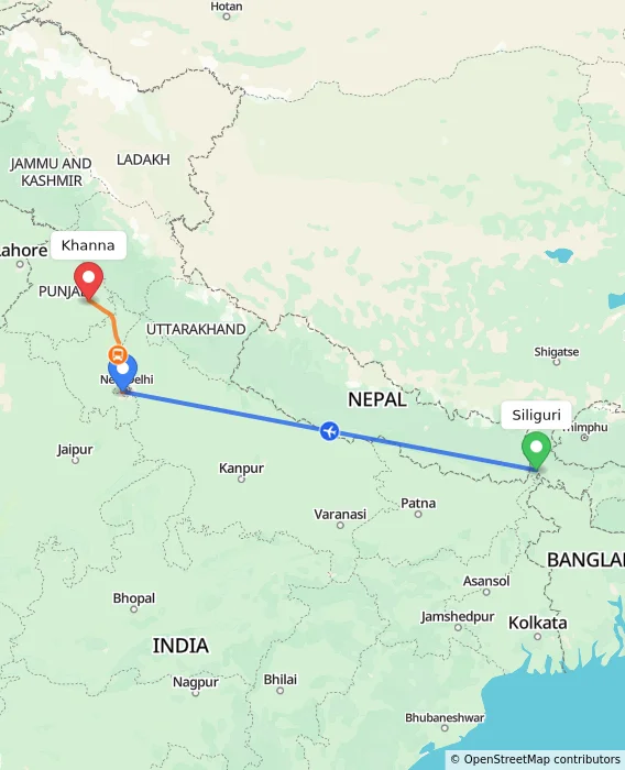 Route map showing distance and travel time from Siliguri, India to Khanna, India