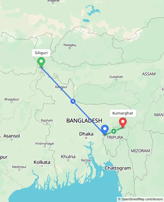 Route map showing distance and travel time from Siliguri, India to Kumarghat, India