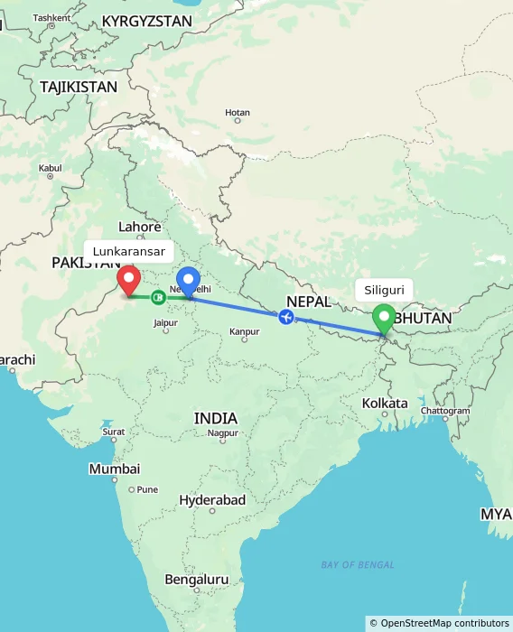 Route map showing distance and travel time from Siliguri, India to Lunkaransar, India
