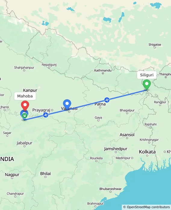 Route map showing distance and travel time from Siliguri, India to Mahoba, India